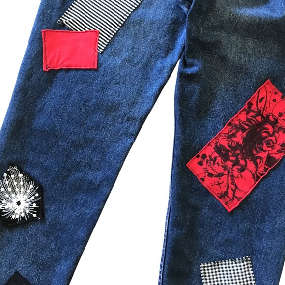 Patchwork Jeans for Women, Size 6: Upcycled New York Theme Sequined Denim Pants - Picture 6 of 11